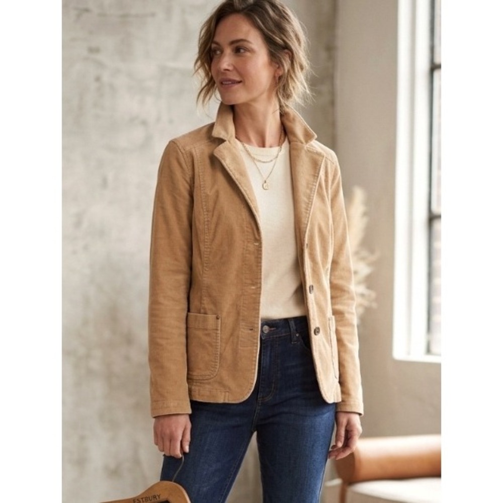 Reitmans Womens Tan Corduroy Blazer Jacket Beige Stretch Cotton Size 11